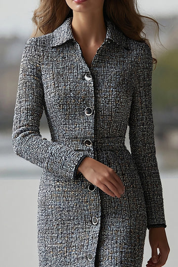 Dark Grey Collar Long Sleeve Tweed Pencil Work Dress